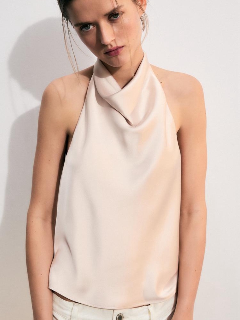Zara Satin Halter Cowl Neck Top in Light Blush